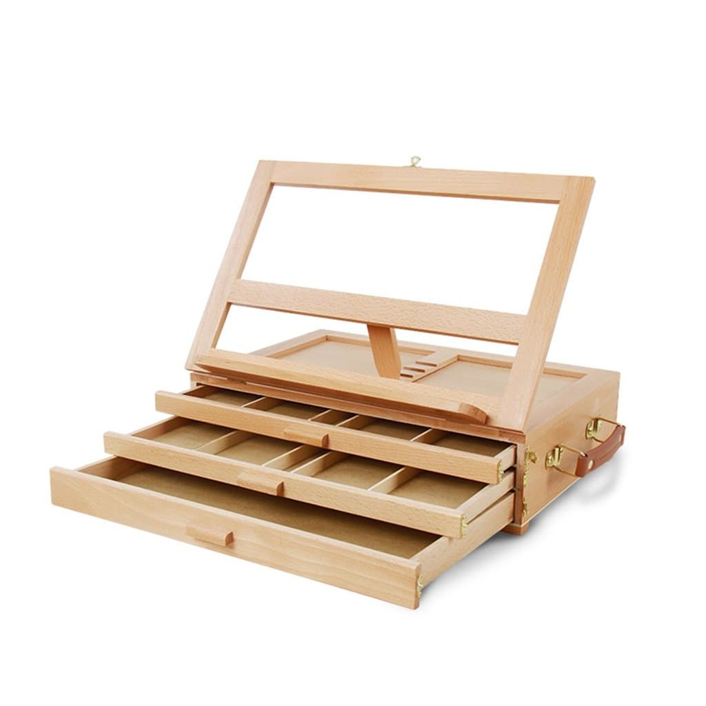 DELLT- Three-tier Drawer Beech Tabletop Desktop Easel Painting Box Wooden Suitcase Portable Teaching Wooden Shelf Painting Toolbox