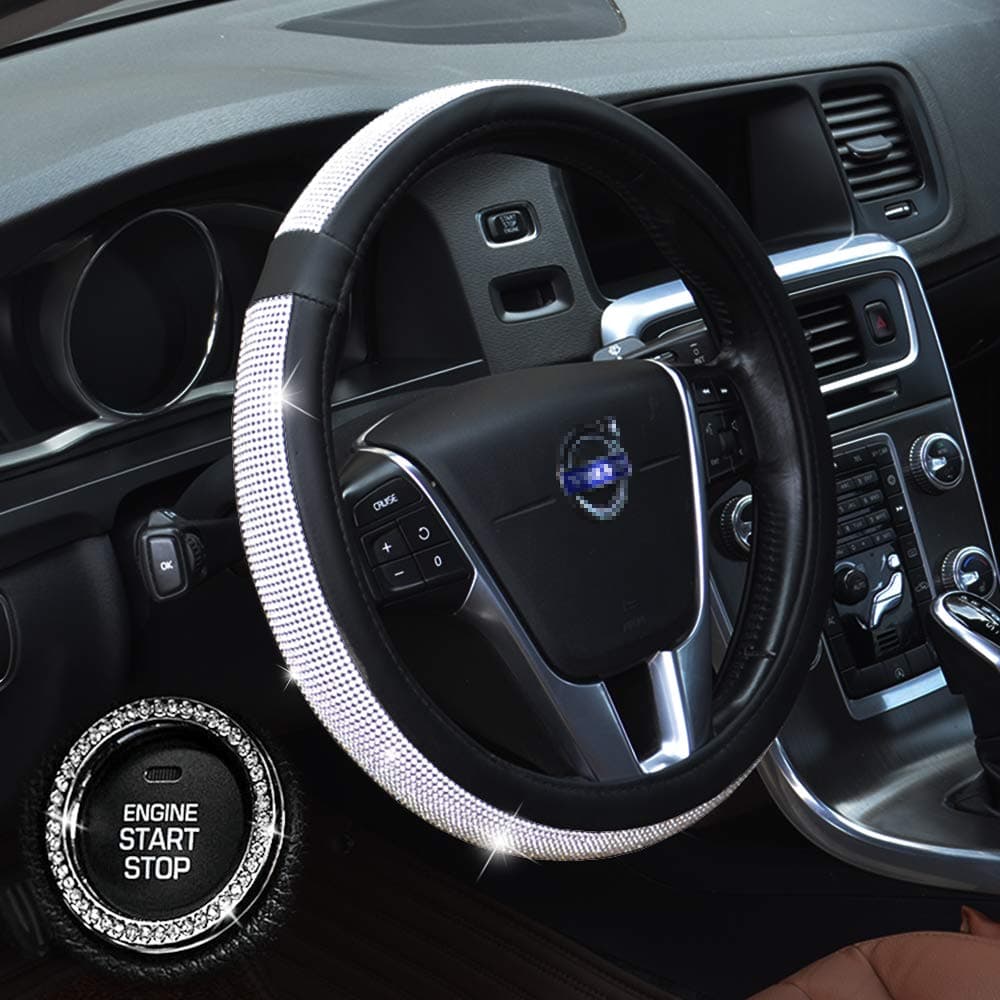 Crystal Steering Wheel Cover Bling Bling Rhinestone PU Leather Wheel Protector Breathable Anti-Slip Universal 38cm/15 Inch Auto Steering Wheel Cover for Women Girls
