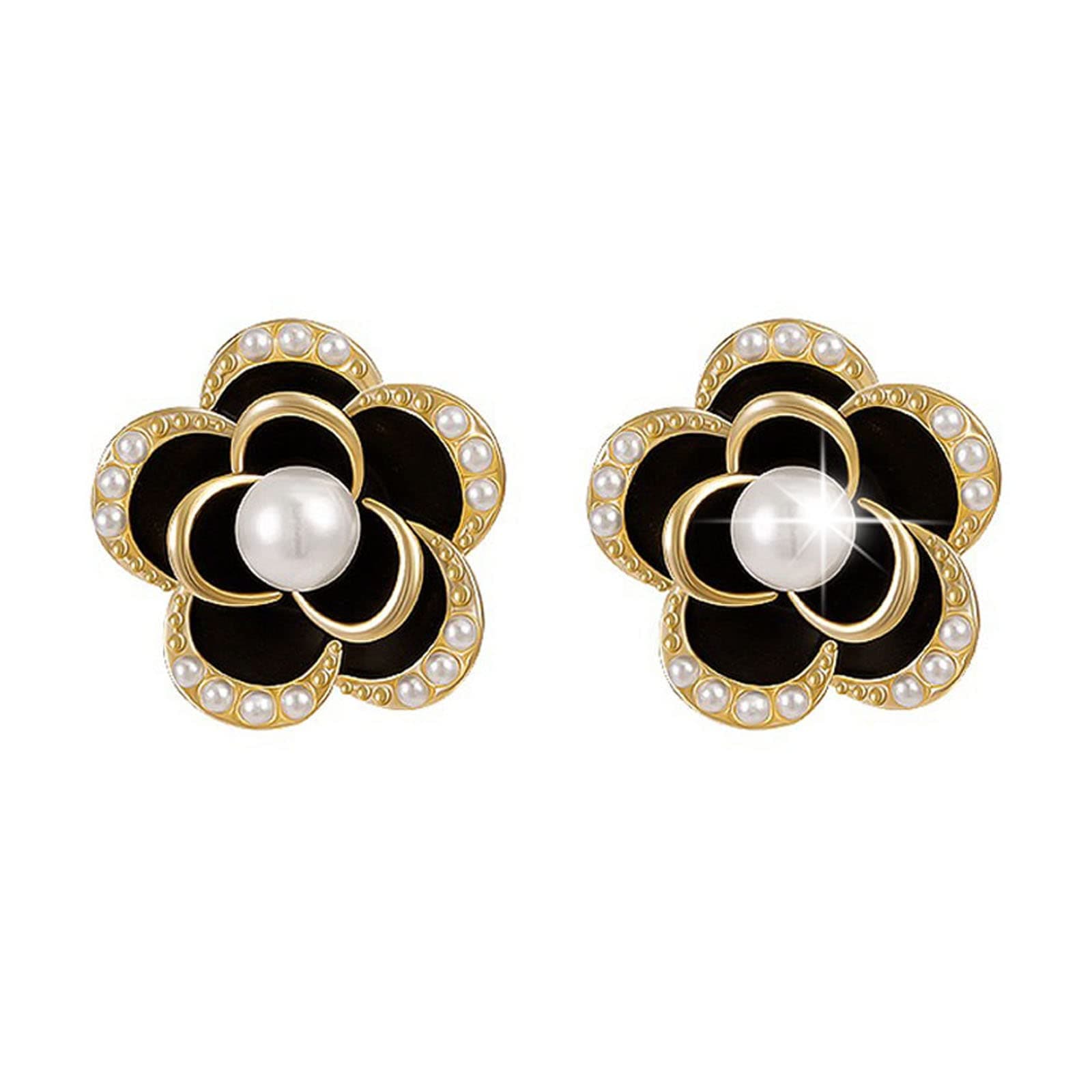 XaiYimeeImitation Pearl Stud Earrings,925 Sterling Silver Stud Earrings, Black Earrings for Women