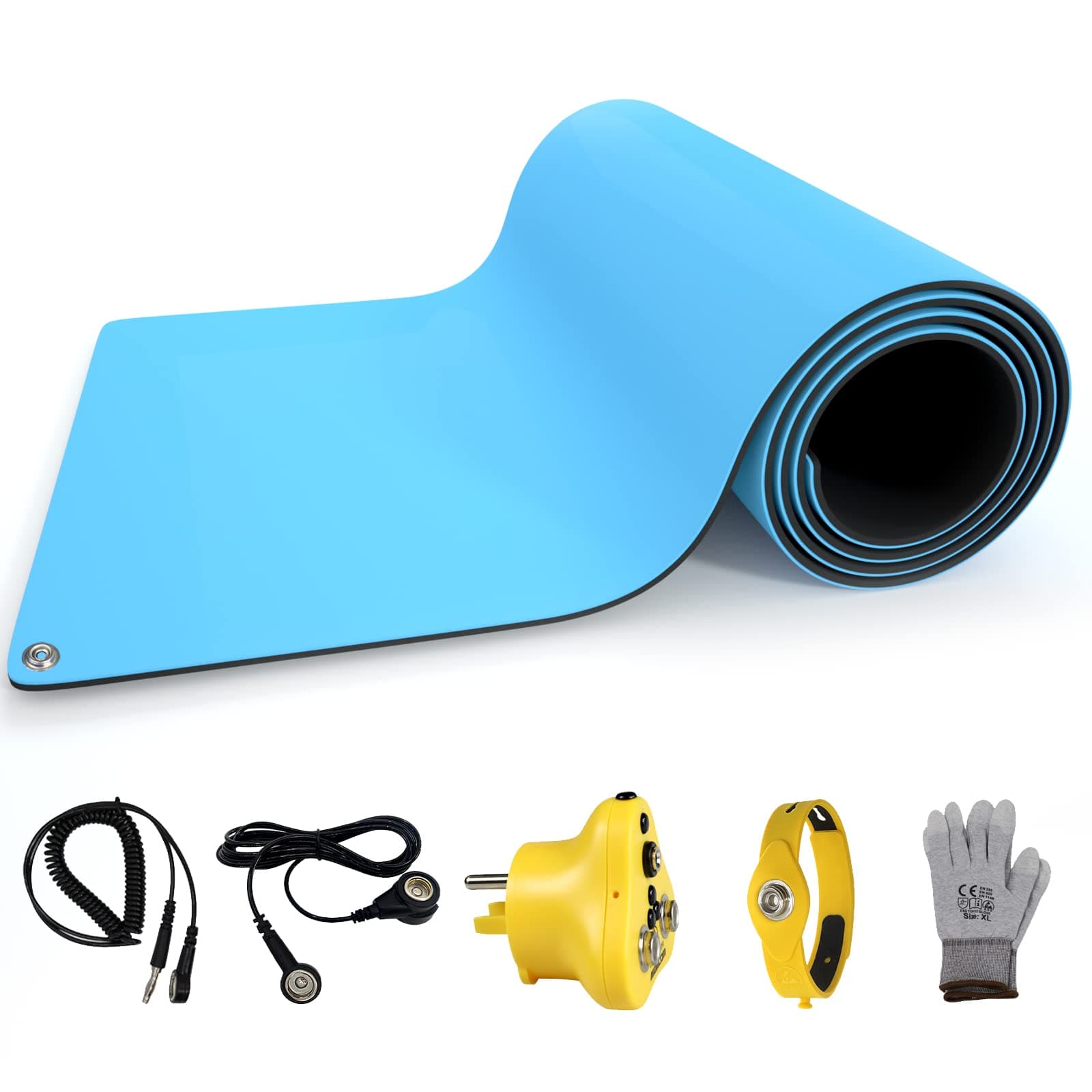 30x12 Inch ESD Rubber Mat, Anti Static Table Floor Pad for PC Building Electronic Device Repair Solder Assembly Work, W/H Grounding Kit- Antistatic Plug Wrist Strap Wristband Cord Gloves，Blue