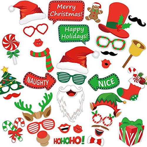Photo Booth Props 35pcs - Xmas Games for Party Supplies, Pictures Backdrop Decorations Set Favors for Adults Kids, Holiday Selfie Props, DIY Dress-up Decor