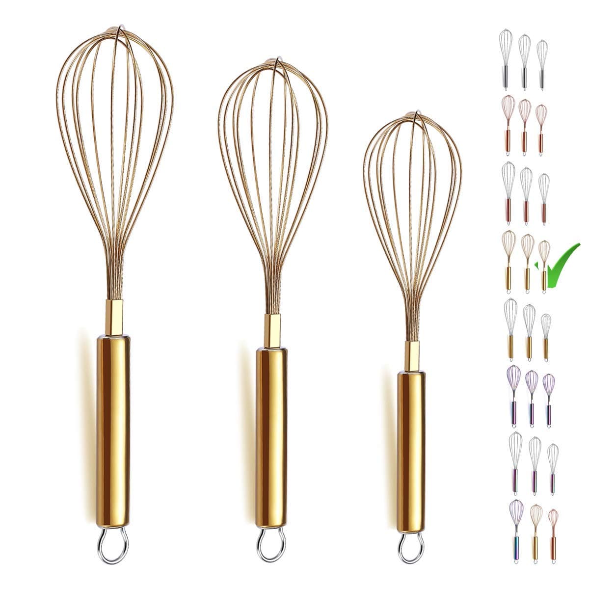 Berglander Gold Whisk Pack of 3 Stainless Steel 8",10",12", Titianium Plating Whisks for Cooking, Beater,Wire Whisk Set Kitchen Wisk (Gold)