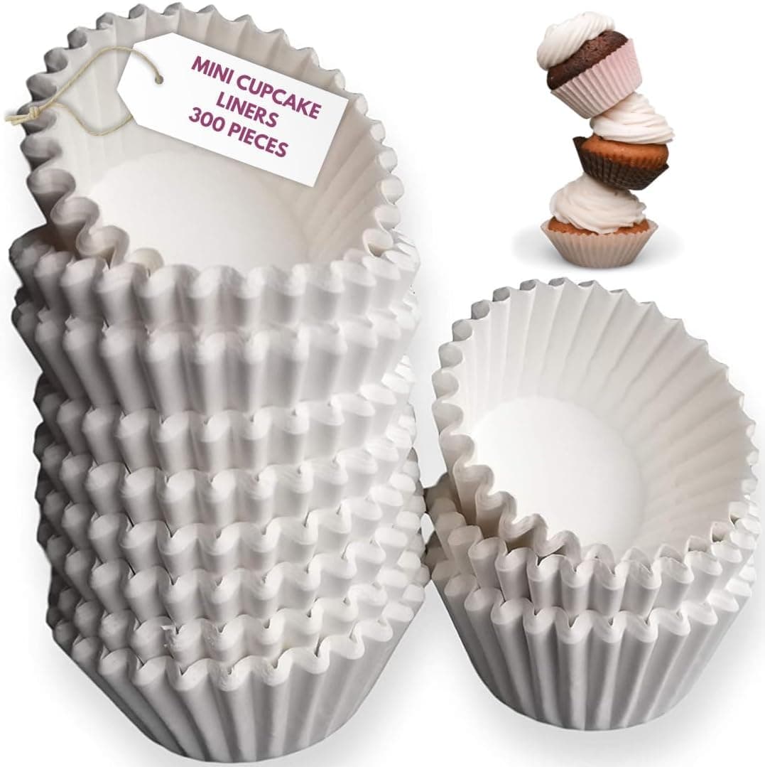 White Mini Cupcake Liners - 300-Pack - Mini Cups Sized Paper Cupcake Wrappers - Fits Perfectly Any Muffin Baking Pan - Cup Cake Liner for Cupcakes, Muffins, Keto Fat Bombs & Cheesecakes