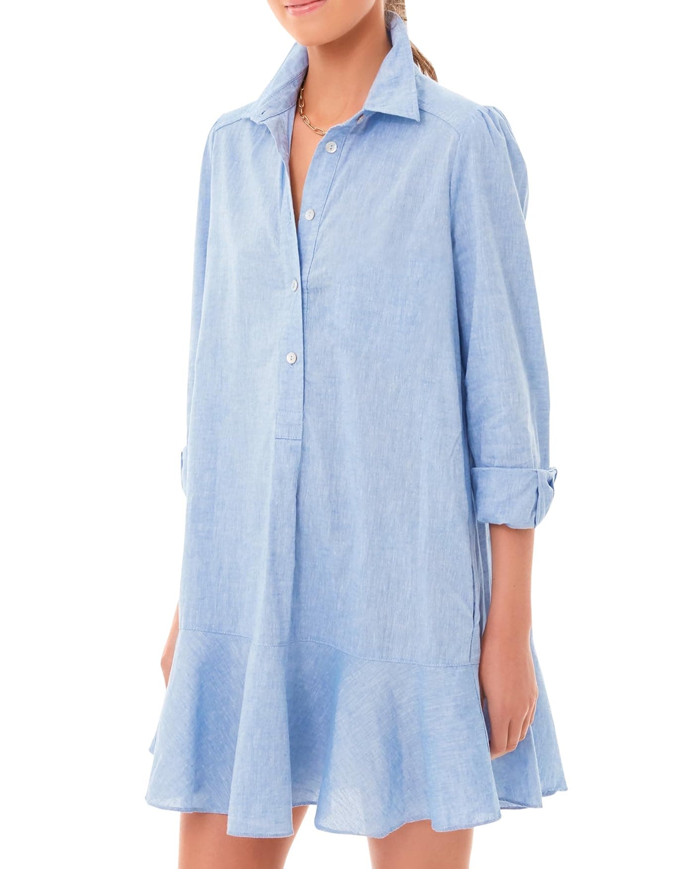 KederaWomen‘s Tunic Shirt Mini Dress Long Sleeves Short Dress Button Up Ruffle Hem Shift Dresses with Pockets