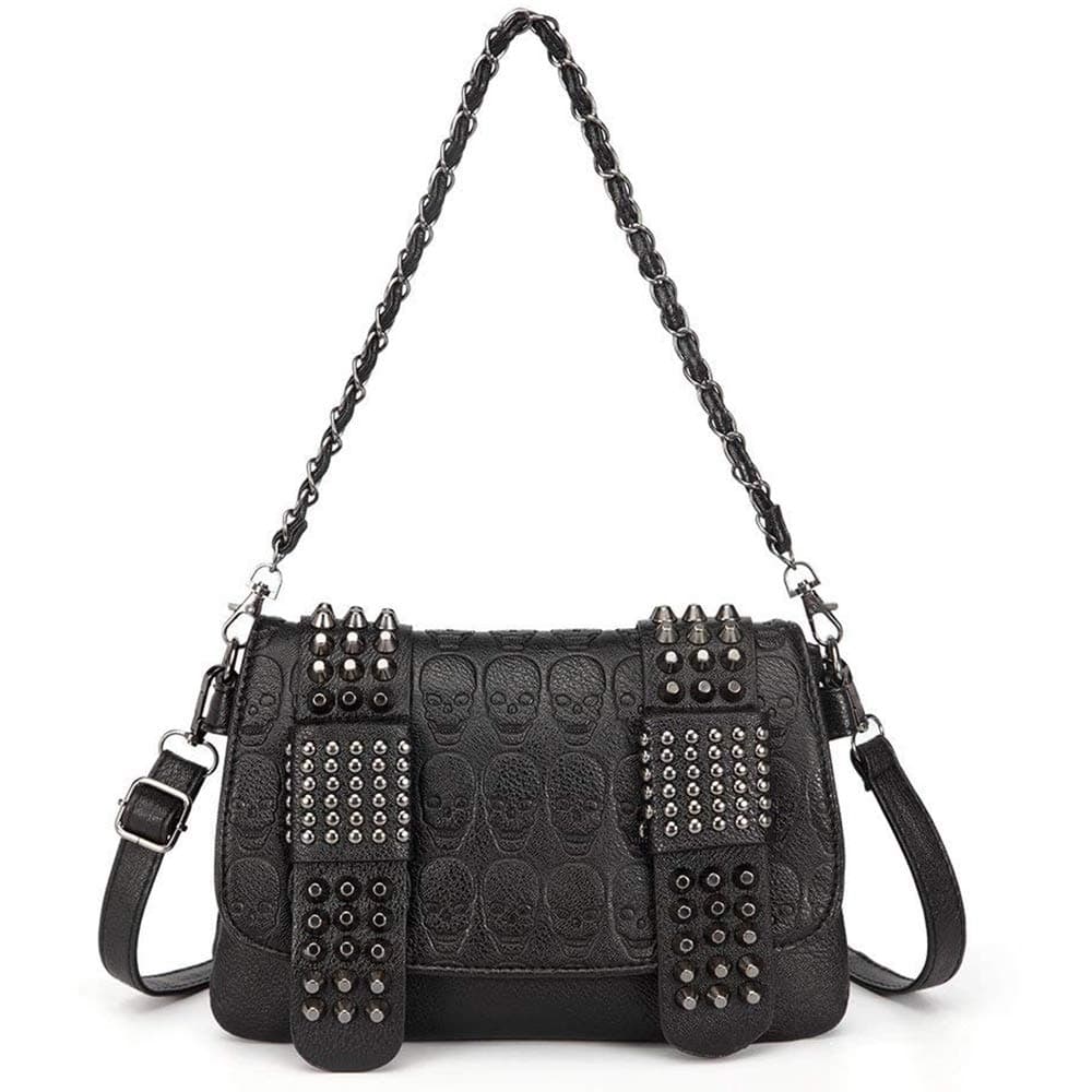 Women Punk Skull Shoulder Top-Handle Bag Goth Rivet Purse Handbag PU Leather Chain Satchel Tote Black