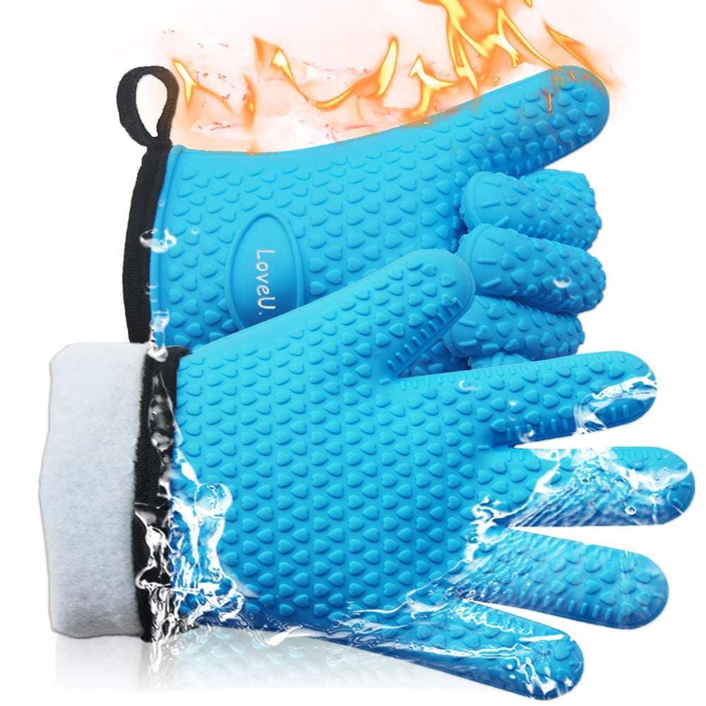 Kitchen Oven Gloves - Dual-Layer Heat Resistant Grilling Gloves, Silicone Oven Mitts with 5 Fingers, Waterproof Non-Slip Pot Holder for Barbecue, Cooking, Baking (Blue)