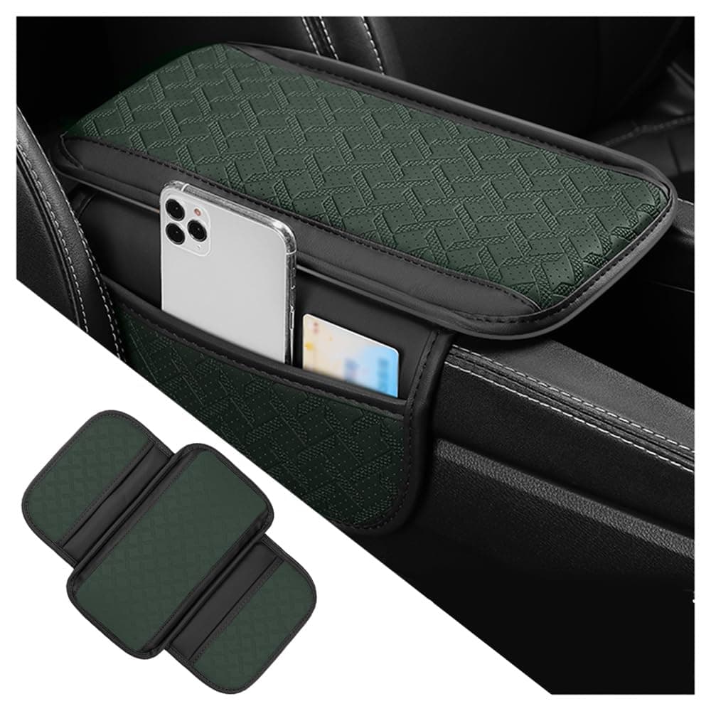 carleef Car Armrest Cover with Pocket Organizer,Leather Middle Console Cover Distributes Elbow Stress,Upgraded Center Console Armrest Cover Increase Car Storage for Most Cars (Black Green)