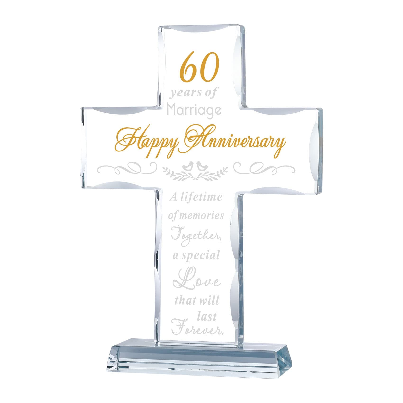 YWHL 60th Anniversary Cross Gifts for Couple Parents, 60 Years Wedding Anniversary Keepsake for Him Her, Laser Carved 60 Years of Marriage Glass Cross Decoration