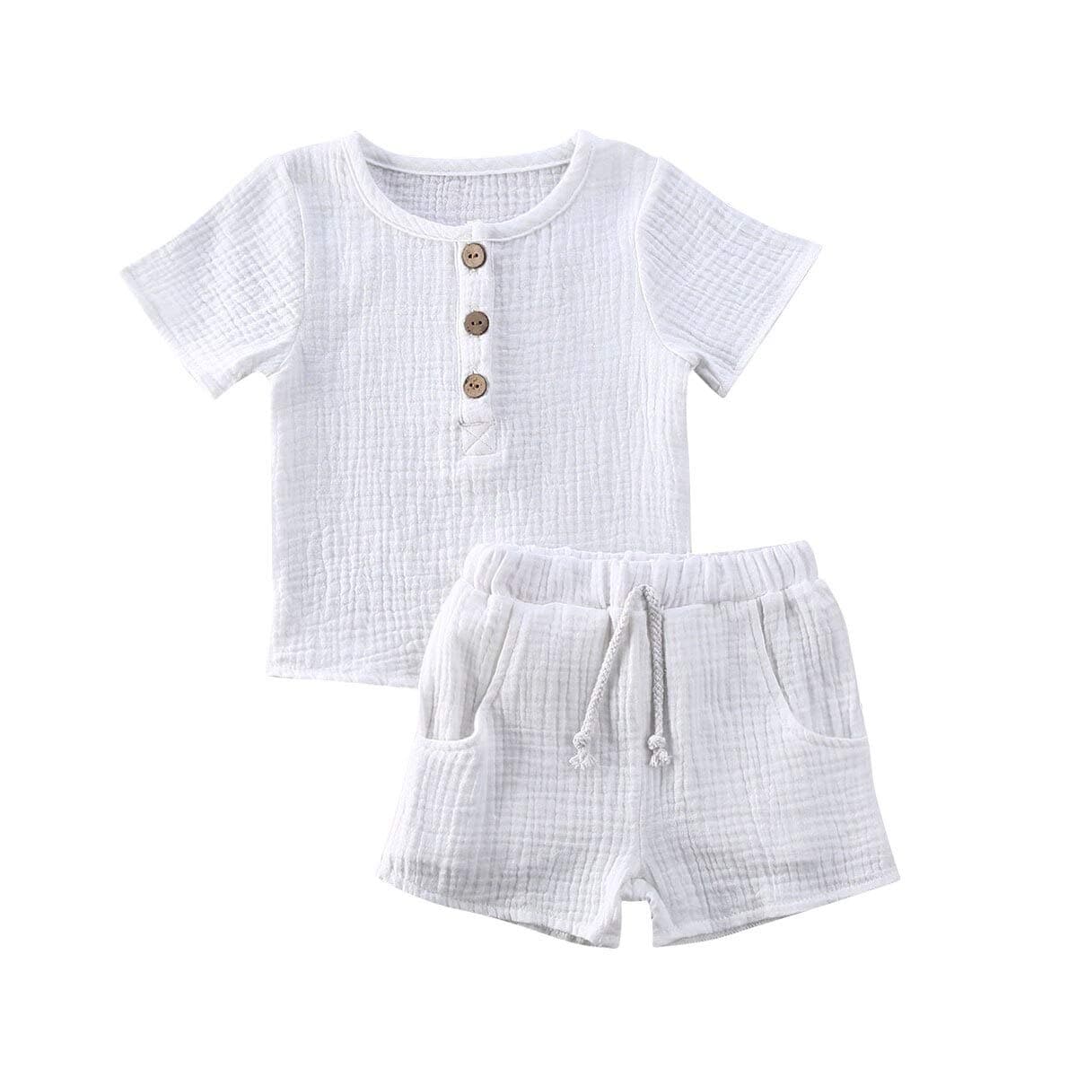 GOOCHEERToddler Baby Boy Girl Clothes Solid Linen Short Sleeve T-Shirt Tops Shorts Pants Unisex 2Pcs Summer Outfits Set, A-white, 6-12 months