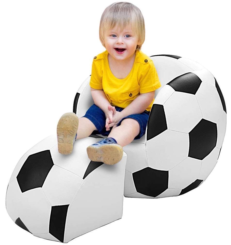 Football Kids Sofa Chair with Ottoman, Children Armchair with Footstool, White and Black