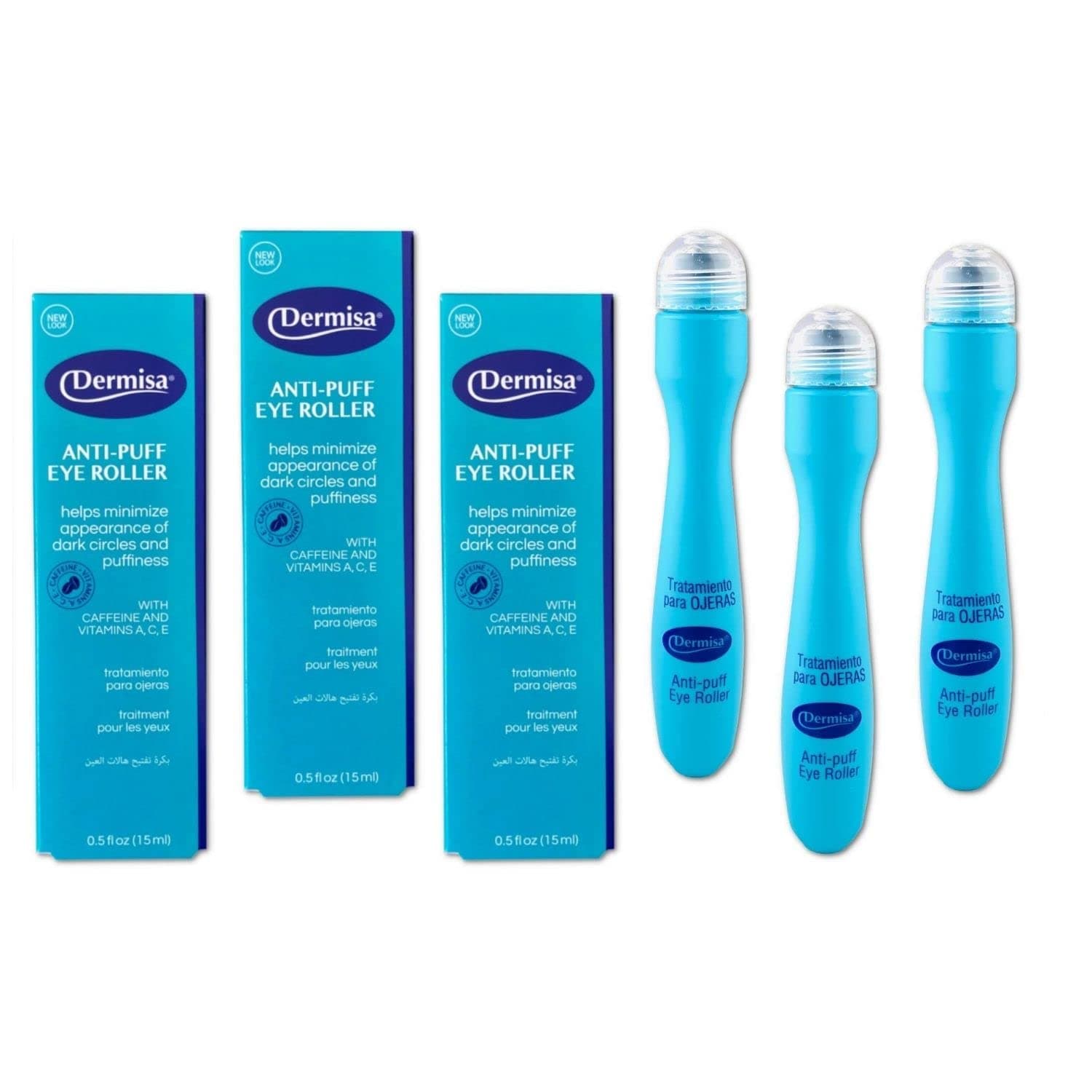 Dermisa Anti-Puff Eye Roller | For Dark Circles and Puffy Eyes | Caffeine & Peppermint | PARABEN FREE, FRAGRANCE FREE, DYE FREE, OIL FREE | Pack of 3