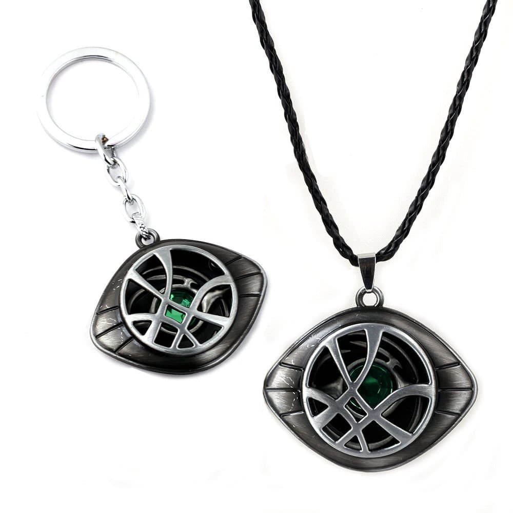 Doctor Strange Necklaces & Pendants and Keychain Set -Vintage Dr.Strange Eye Pendant Leather Chain Choker Necklace and Keychain Set (Silver)