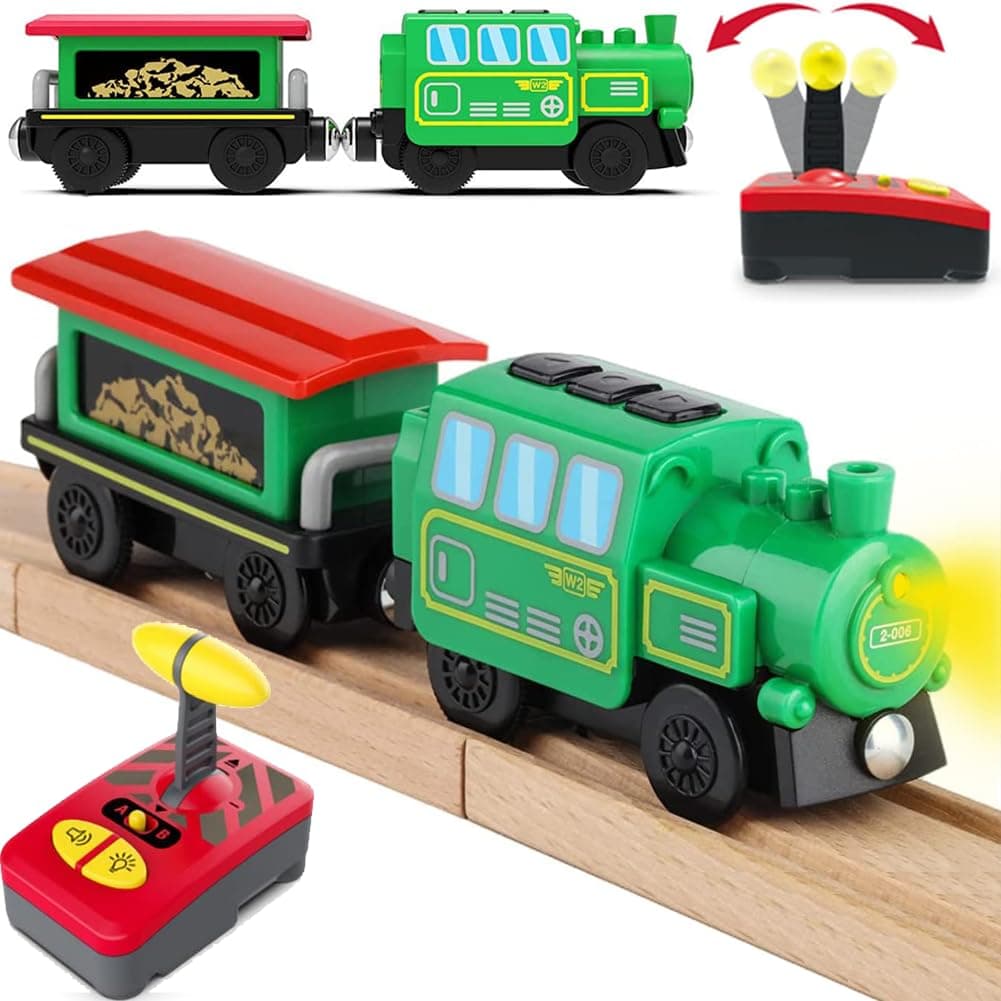 Battery Operated Locomotive Train Set for Wooden Train Tracks, Powerful Engine Train Vehicles Train Electric Remote Control Cars with Light & Sound Train Toy Gift for Kids Toddler