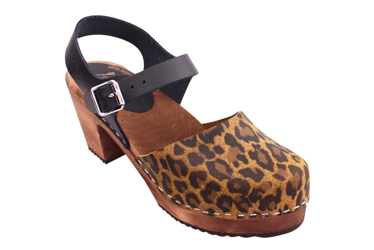 Swedish Highwood High Heel Clog Sandal for Women | Mary Jane Style Wooden Clogs Made in Sweden | Brown Alder Wood Base and Printed Leather | Leopard Print
