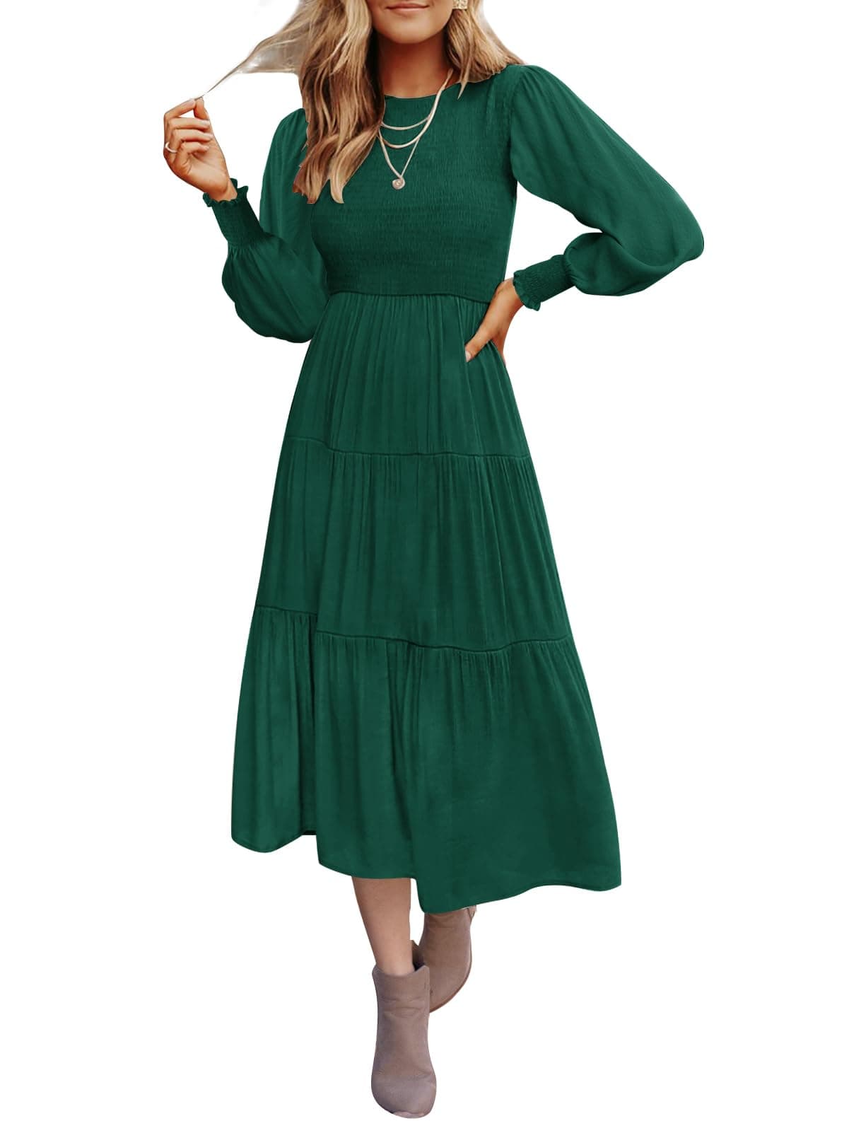 ZESICA Women's Casual Long Sleeve Crew Neck High Waist Smocked Flowy Tiered Midi Dress
