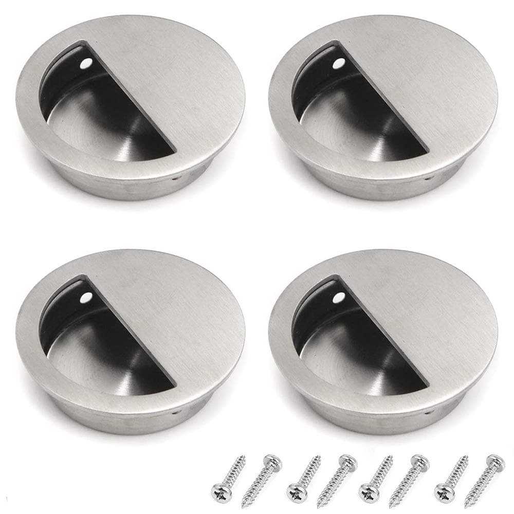4 Packs Recessed Sliding Pull Door Handles, 60mm Stainless Steel Flush Pull Handles Round Finger Pulls Hidden Cabinet Handles with Concealed Screws