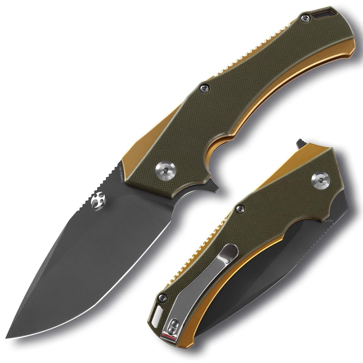 KANSEPTD2 Pocket Knife Hellx 8.9in Folding Knife with 3.6in Gray Ti-coated D2 Blade,OD Green G10 Handle, Heavy Duty Poclet Tactical Knife for Men,Envelope Opener T1008A2