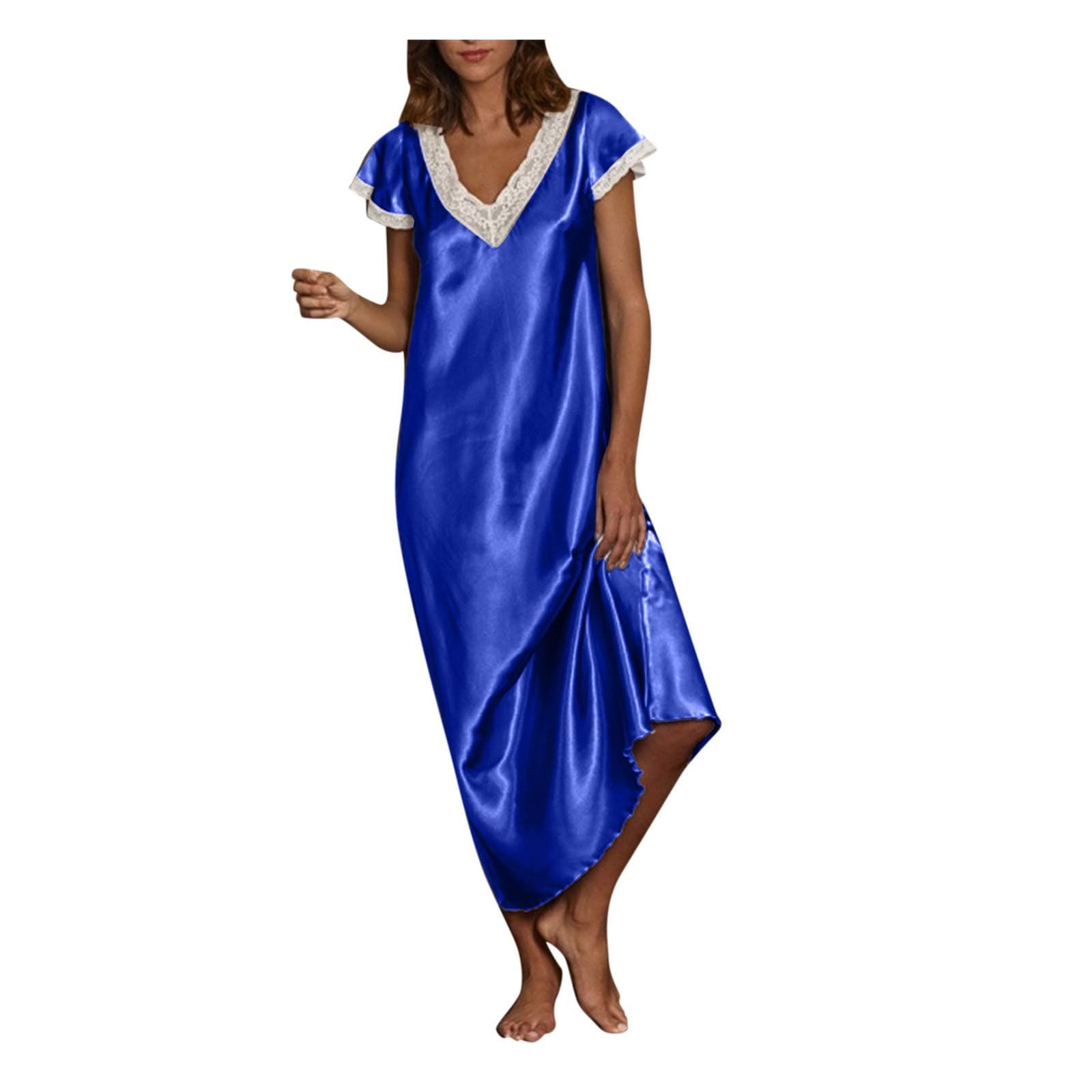 Dresses for Women Sexy Nightdresses Homewear Sleepwear Elegant Short Sleeve V Neck Pajamas Long Dress Womens Nightgowns Lace Sleepwear Soft Silk Ladies Dresses Comfortable Breathable Summer Dress