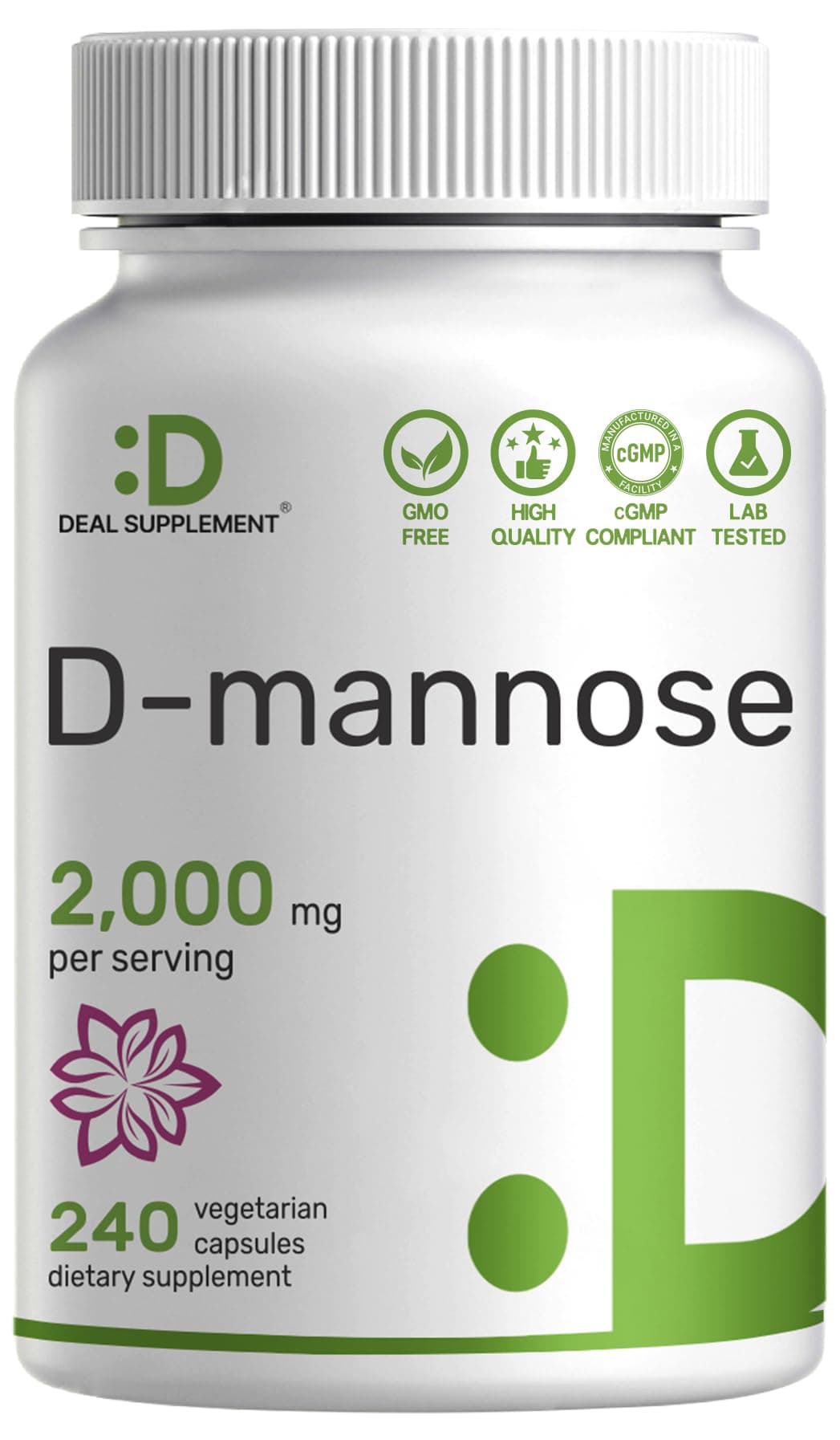 DEAL SUPPLEMENT D Mannose 500mg Capsules (2,000mg Per Serving), 240 Veggie Pills – Fast Acting Water-Soluble Form – Extra Strength Urinary Tract (UTI) Health Support – Non-GMO, Vegan Friendly