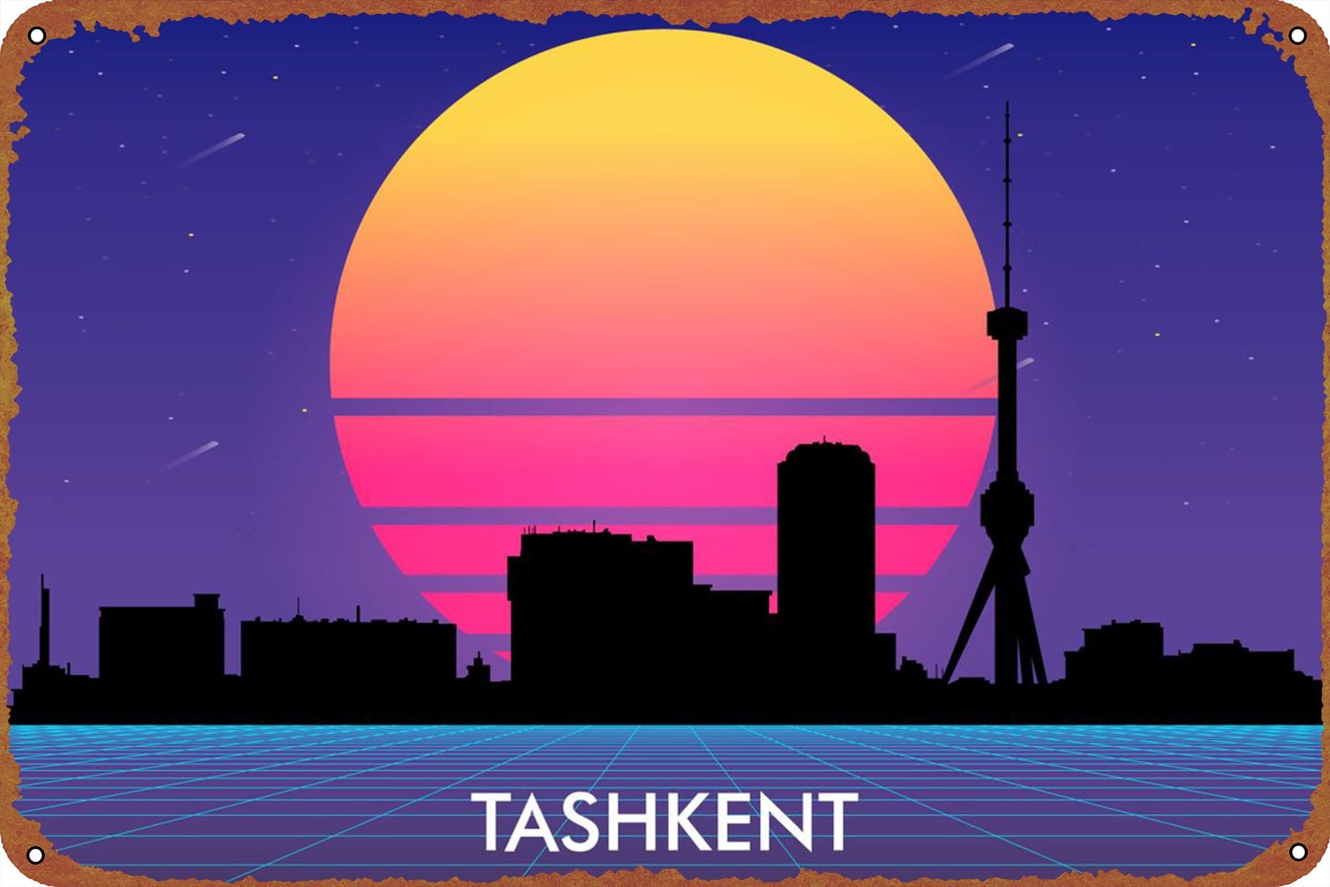 Tashkent vaporwave city Poster 8 x 12 Inches - Vintage Metal Tin Sign for Home Bar Pub Garage Decor Gifts