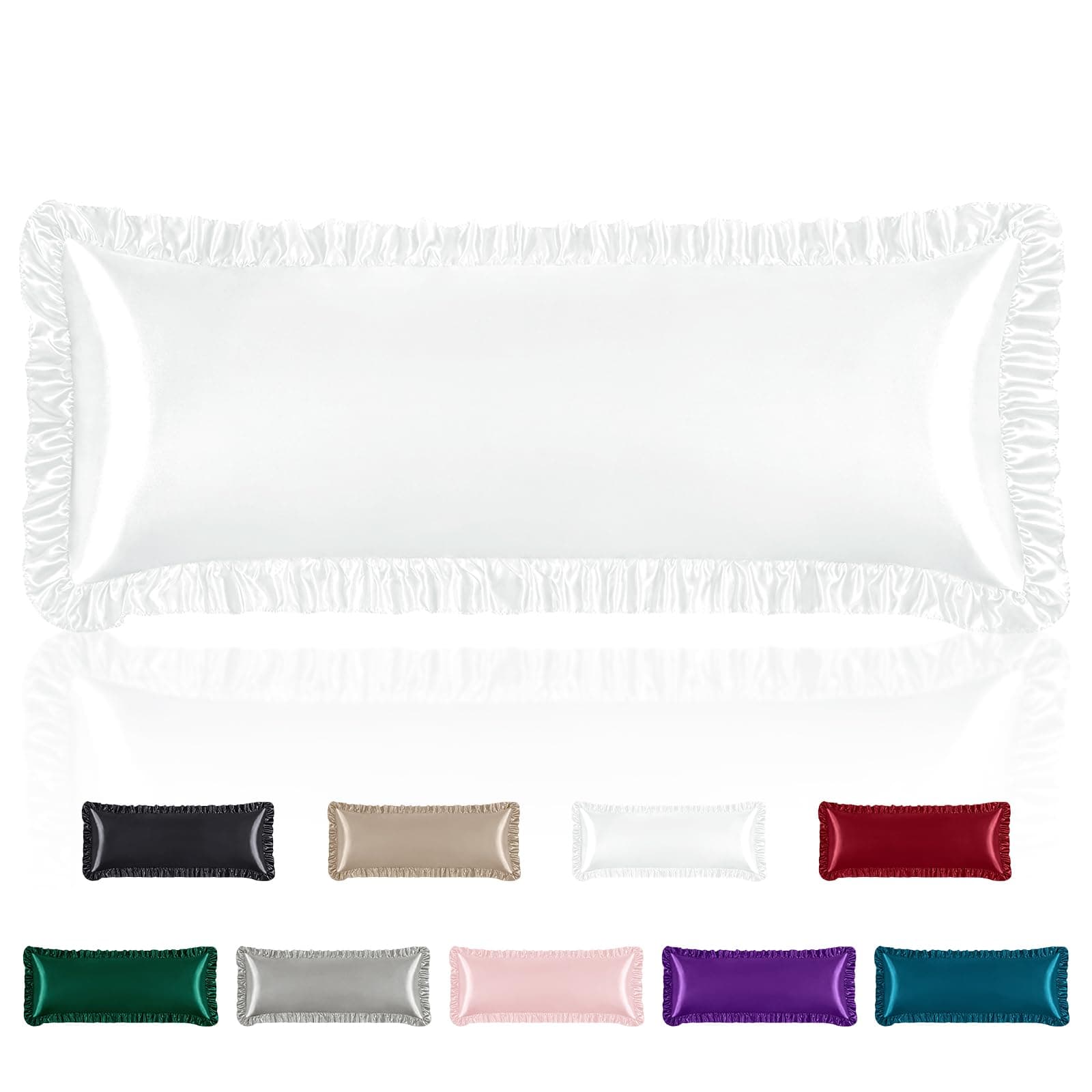 Homiest Ruffle Satin Body Pillow Cover, Silky Satin Body Pillowcase with Envelope Closure, Luxury & Ultra Soft Long Pillow Cases for Hair and Skin, Ruffled Long Pillow Shams (White)