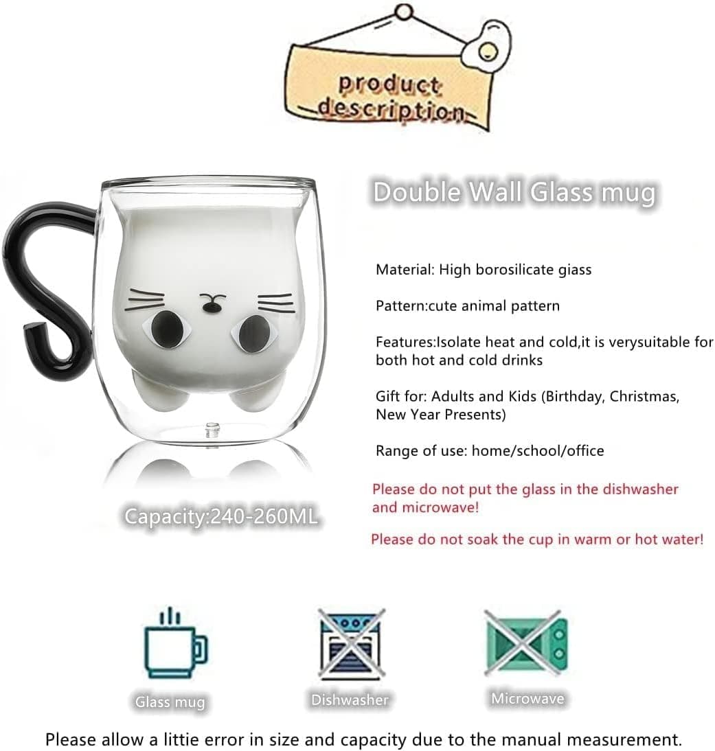 Cat Mugs, Cute Double Wall Glass Coffee Tea Cup, Gifts for Birthday Valentines Mothers Day Easter Christmas, Women Wife Mum Her Grandma Girl Teacher Friend Present Idea