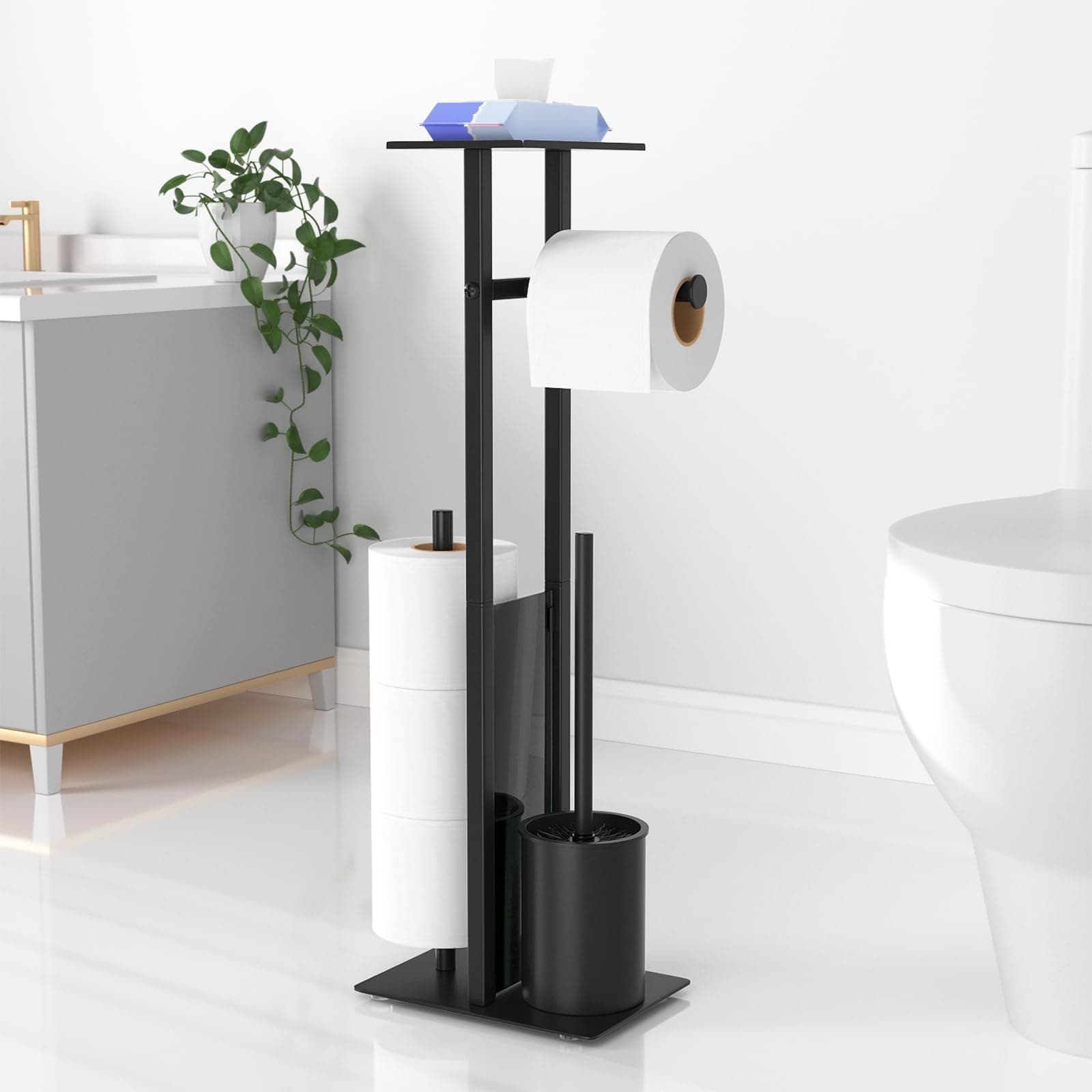 niffgaff Toilet Roll Holder with Toilet Brush - Toilet Roll Holder Free Standing with Shelf for Wet Wipes, Toilet Roll and Brush Holder Free Standing, Matte Black Toilet Brush with Holder