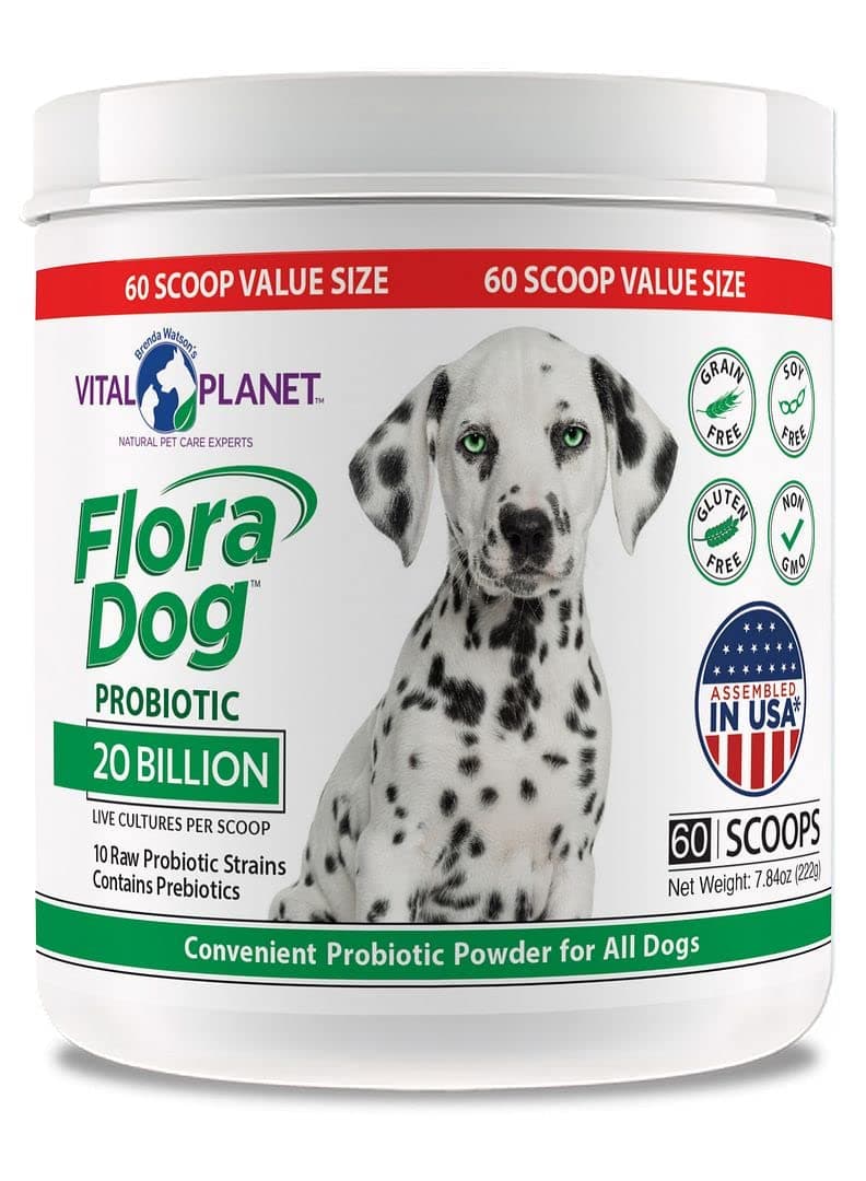Flora Dog Probiotic Powder Supplement with 20 Billion Cultures and 10 Strains, High Potency Immune and Digestive Support Probiotics for Dogs, 7.84 oz., 222 Grams, 60 Servings