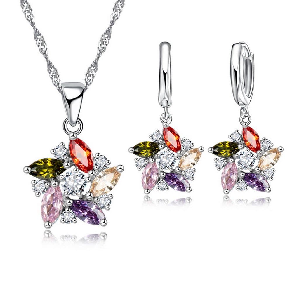 Colorful Windmill Flower Crystal Necklace Earrings Woman Cute Pendant Jewelry Set (Multicolor)