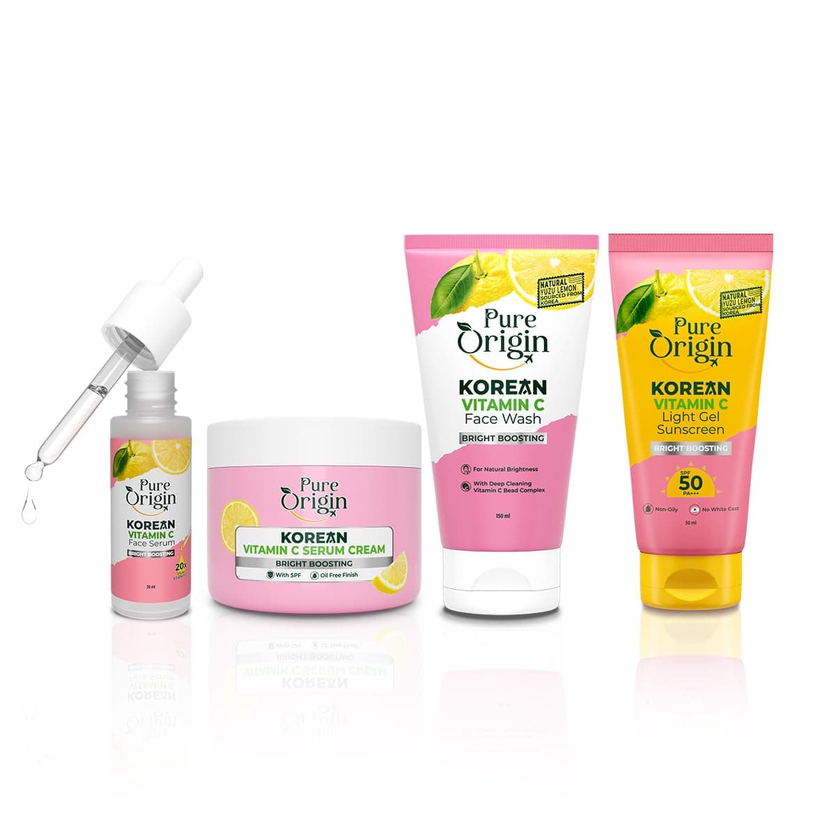 Pure Origin Korean Vitamin C Face Essentials Combo | No White Cast Sunscreen (50g), Brightening Serum (30ml), Spots-reducing Serum Cream (50g) & Face Wash With Microbeads (150ml) | Visibly Bright Skin | All Skin Types