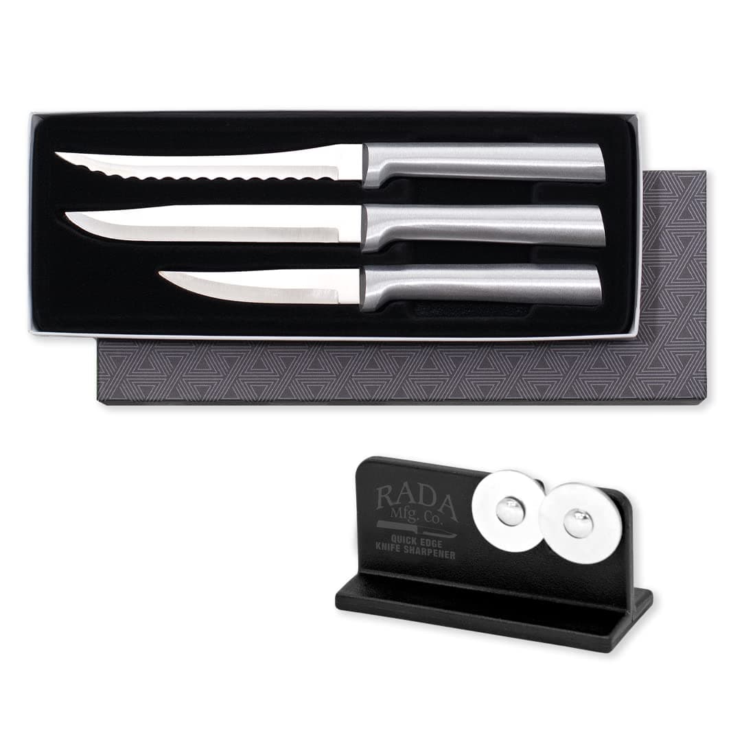 RADACutlery 3-piece Cooking Essensials Knife Gift Set with Quick Edge Sharpener, Silver Handles