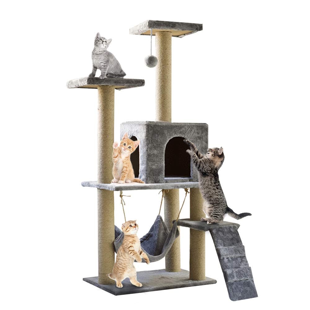 Cat Tree Tower with Scratching Post Plush Perch and Tunnel, Kitten Cat Condo House Furniture 55in (light grey)