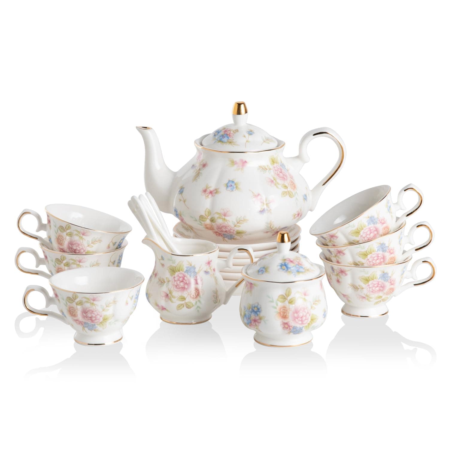 Sweejar Porcelain Tea Set Vintage Floral, British Relief Gold Rim Teapot Cup and Saucer Sets, 22-Piece Tea Sets for Adults, with Teapot, Sugar Bowl, Milk Jug, Spoons, Cup and Saucer (Small Flower)