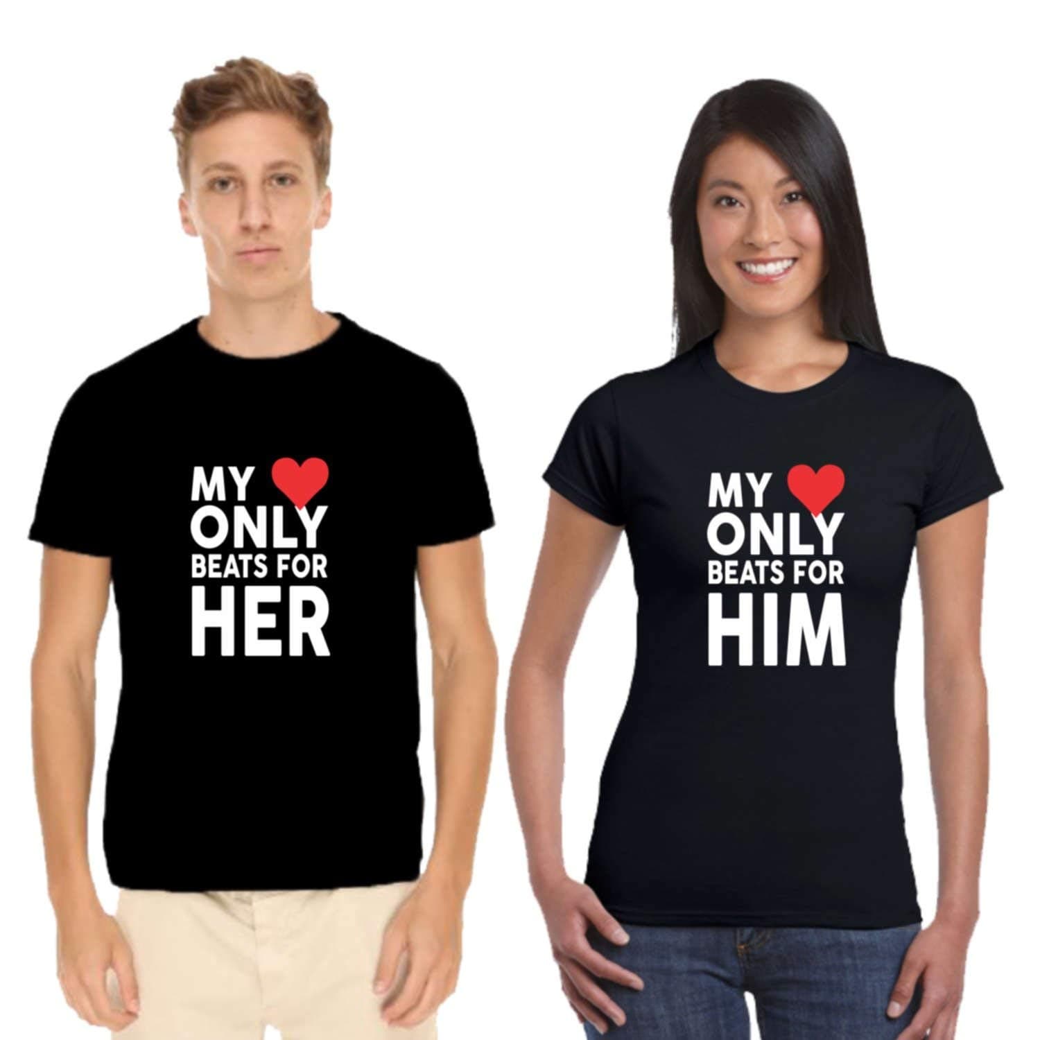 TheYaYaCafe Yaya Cafe Valentine Couple T Shirts My Heart Beats Him Her 100% Cotton Men Women for Girlfriend Boyfriend Husband Wife Gifts