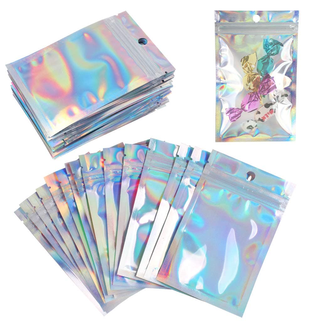 ZGTS Mylar Zip Lock Bag, 50PCS Resealable Smell Proof Aluminum Foil Clear Golden Bag Flat Ziplock Durable Gift Packaging Bag Food Storage for Candy Cookies Party Jewelry (7.5 * 12CM)