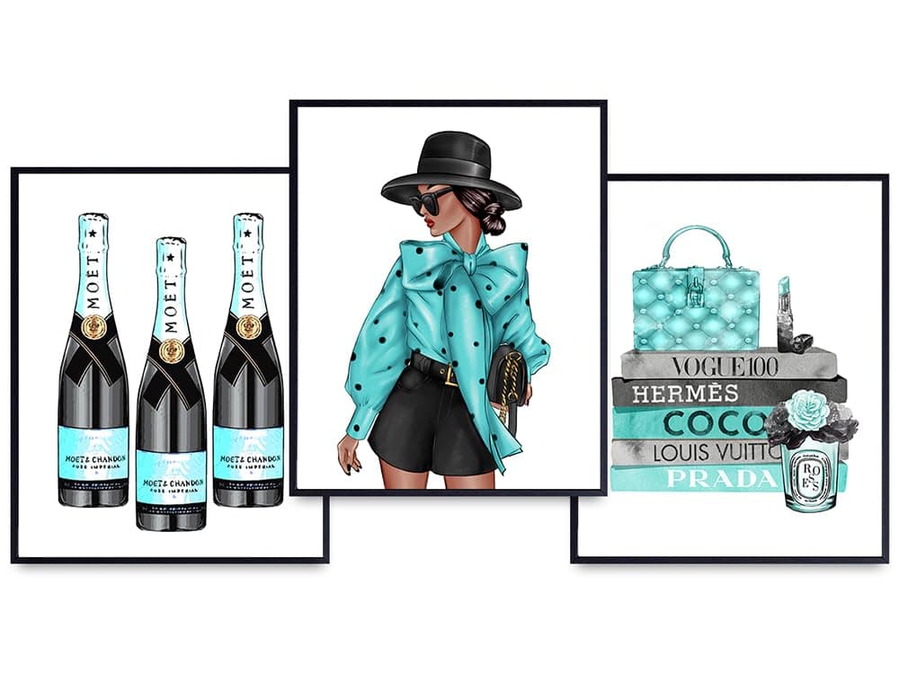 Blue High Fashion Design Poster Print of Louis Vuitton, Prada - Black Woman, African American Women Gifts - Couture Designer Glam Wall Decor - Latina, African American Woman - Black Culture - 3-8x10's