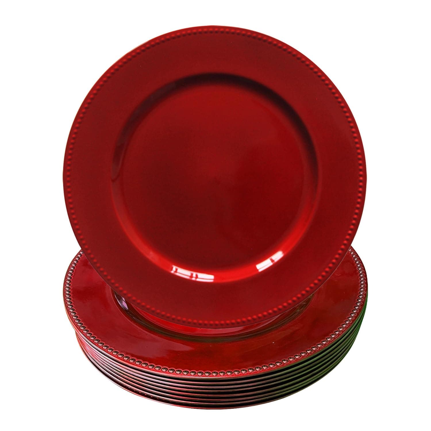 WELMATCH Red Plastic Beaded Charger Plates - 12 pcs 13 Inch Round Wedding Party Decroation Charger Plates (Red, 12)