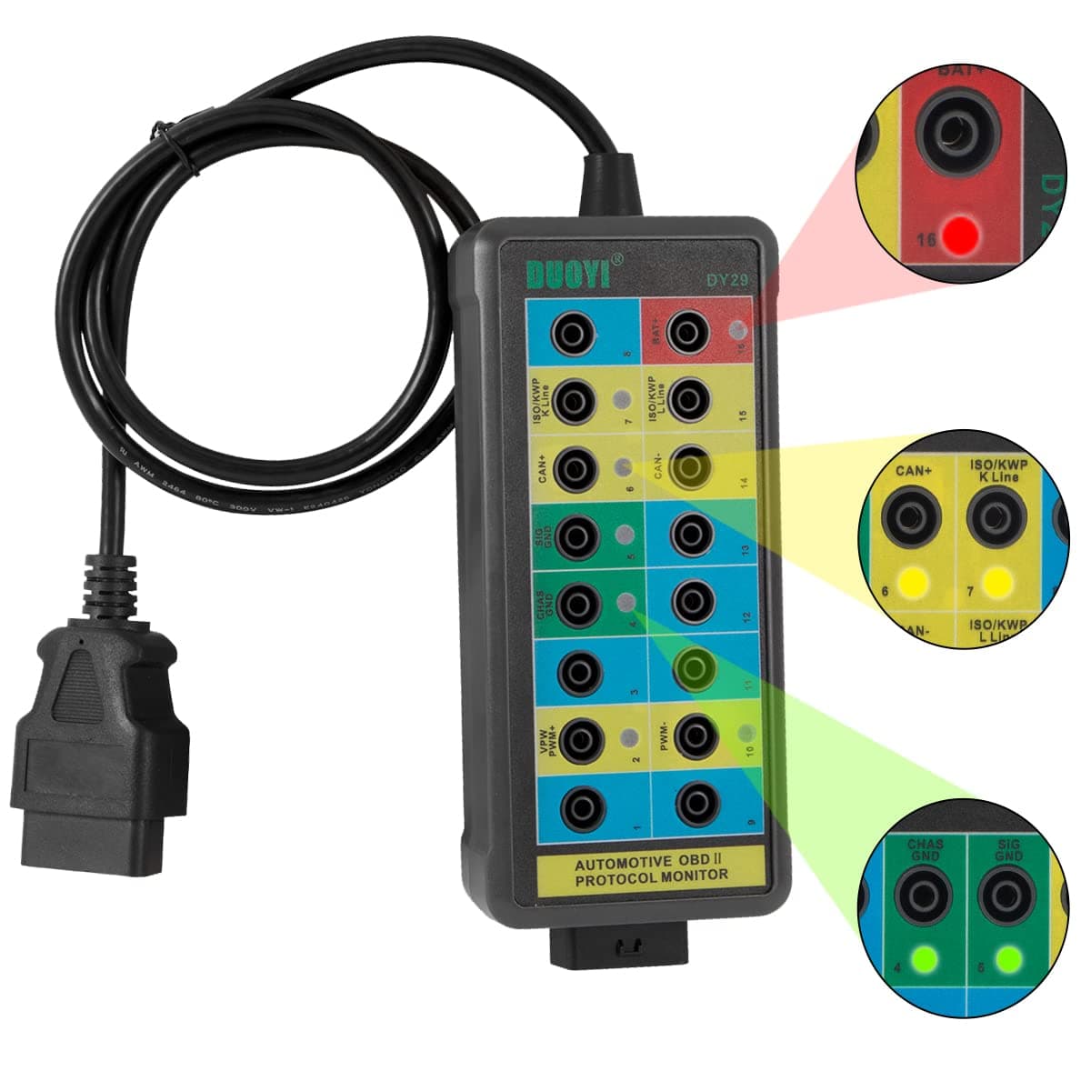 OBD2 Breakout Box & OBDII Protocol Detector for Power/Grounds Detector 4mm Banana sockets CAN Breakout Box with Male/Female Header OBD2 Diagnostic Connector Detector for All OBDII Vehicle