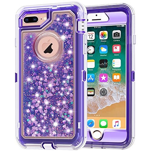 Anuck Case for iPhone 8 Plus Case, for iPhone 7 Plus Case 5.5 inch, 3 in 1 Hybrid Heavy Duty Defender Case Sparkly Floating Liquid Glitter Protective Hard Shell Shockproof TPU Cover - Purple