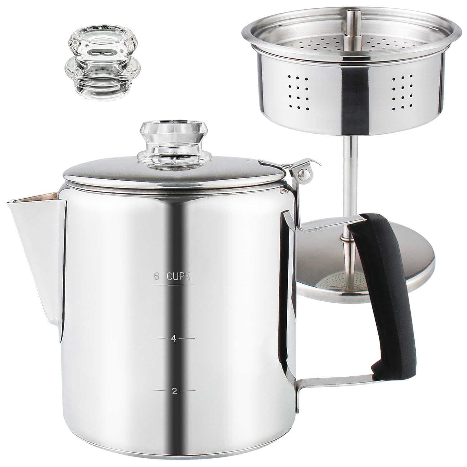 Multi Use Coffee Percolator with Heat Resistant Glass Knob & Antiflaming Silica Handle Stainless Steel Coffee Maker Using On any Stovetop Induction Stove Electric Stove Campfire Stove 6 Cup