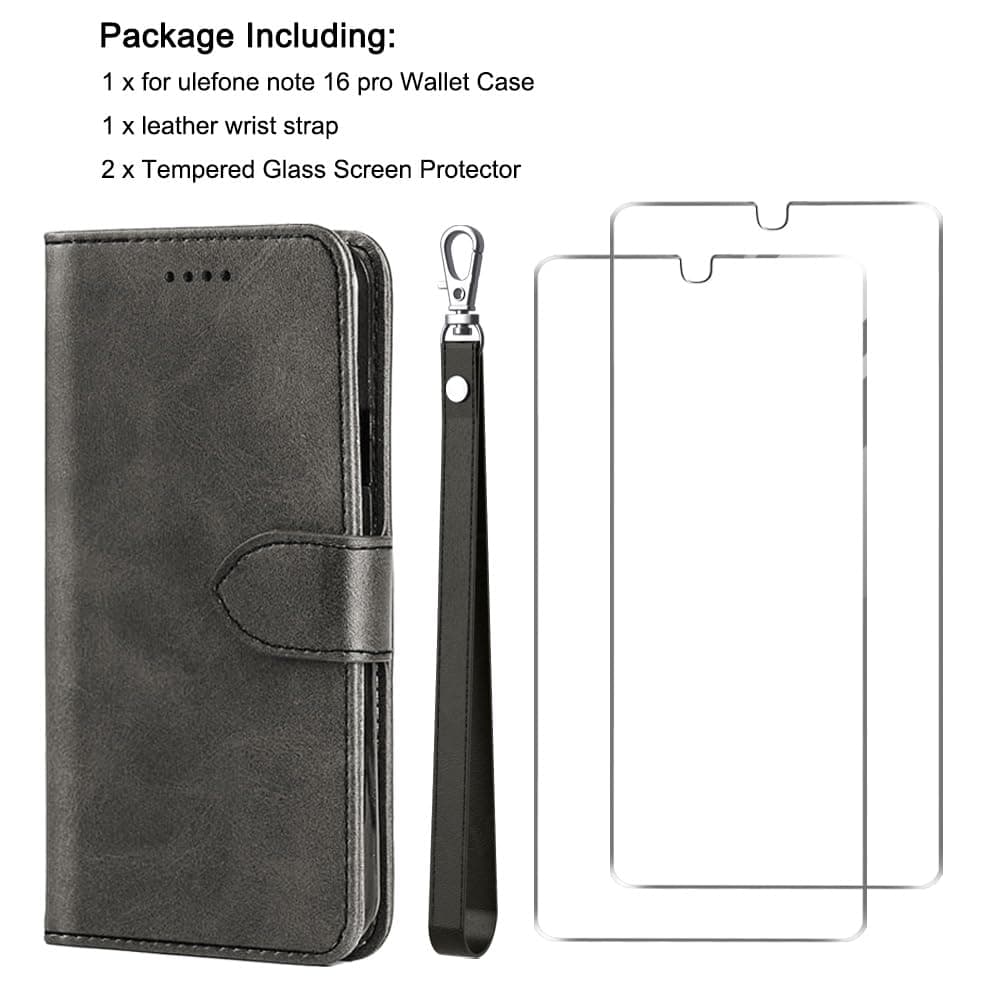 for Ulefone Note 16 Pro Case and 2 Tempered Glass Screen Protector, Leather Wallet Phone Case with Card Slots Magnetic Closure Kickstand Protective Cover for Ulefone Note 16 Pro 6,52” - Black