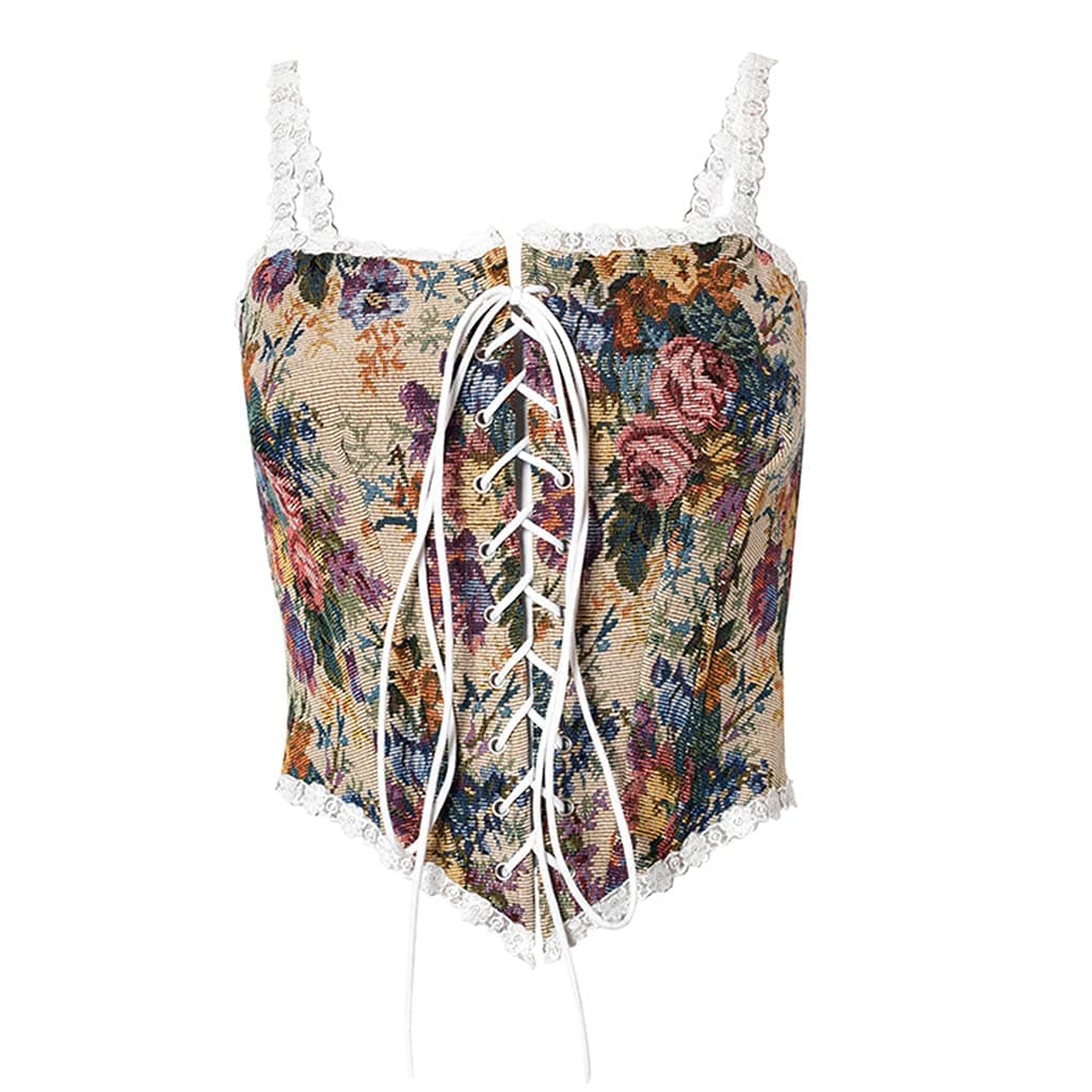 CENXIO Women Vintage Floral Camisole Crop Top Crisscross Lace-Up Boned Corset Bustier - L#