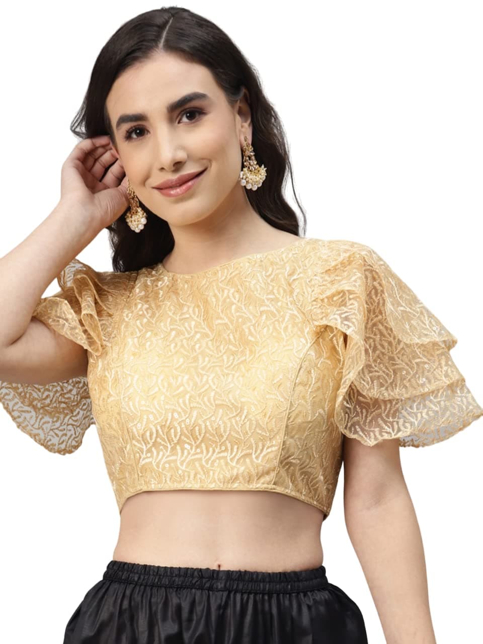 GLOBON IMPEXIndian Designer Women Solid Sequined Georgette Padded Saree Crop Top Blouse For Party Wear