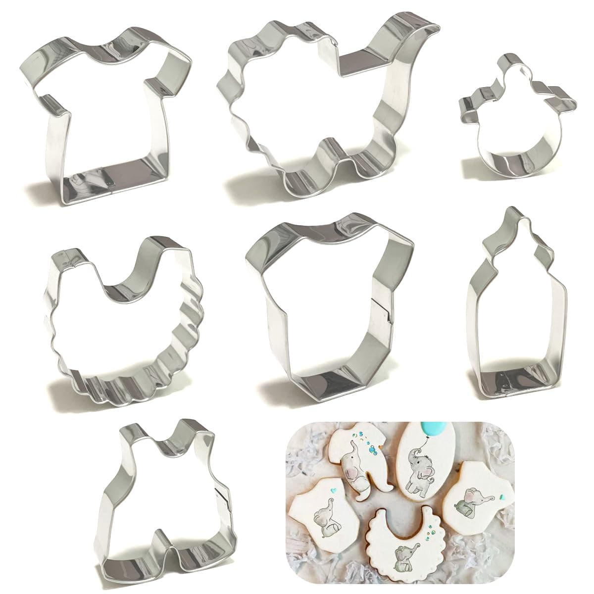 Baby Shower Cookie Cutters Set 7Pcs, Stainless Steel Fondant Cutter Sturdy Metal Biscuit Cutter, Cute Shapes Baby Carriage Onesies Bottle Bib Clothes Cookie Mold for Baby Shower Baking & Gift