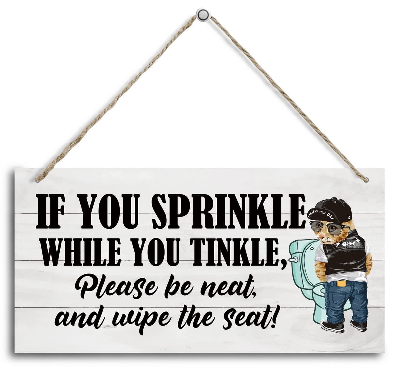 Funny Toilet Wood Decor Sign, If You Sprinkle While You Tinkle Please Be Neat Wipe the Seat! Hanging Printed Wooden Plaque Décor, Bathroom Wall Décor, Wood Wall Sign for Public Restroom 12x6 inch