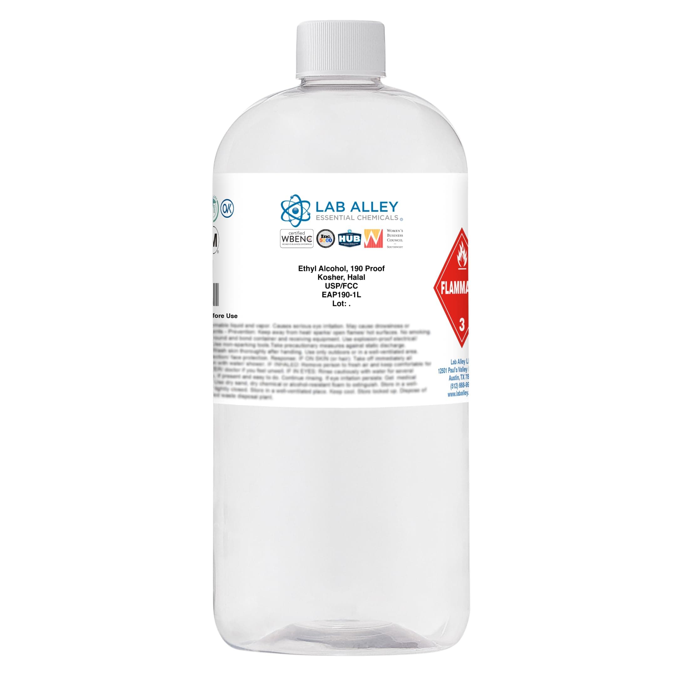 Ethanol 190 Proof (95%) USP/FCC Food Grade Alcohol, Kosher - 1 Liter