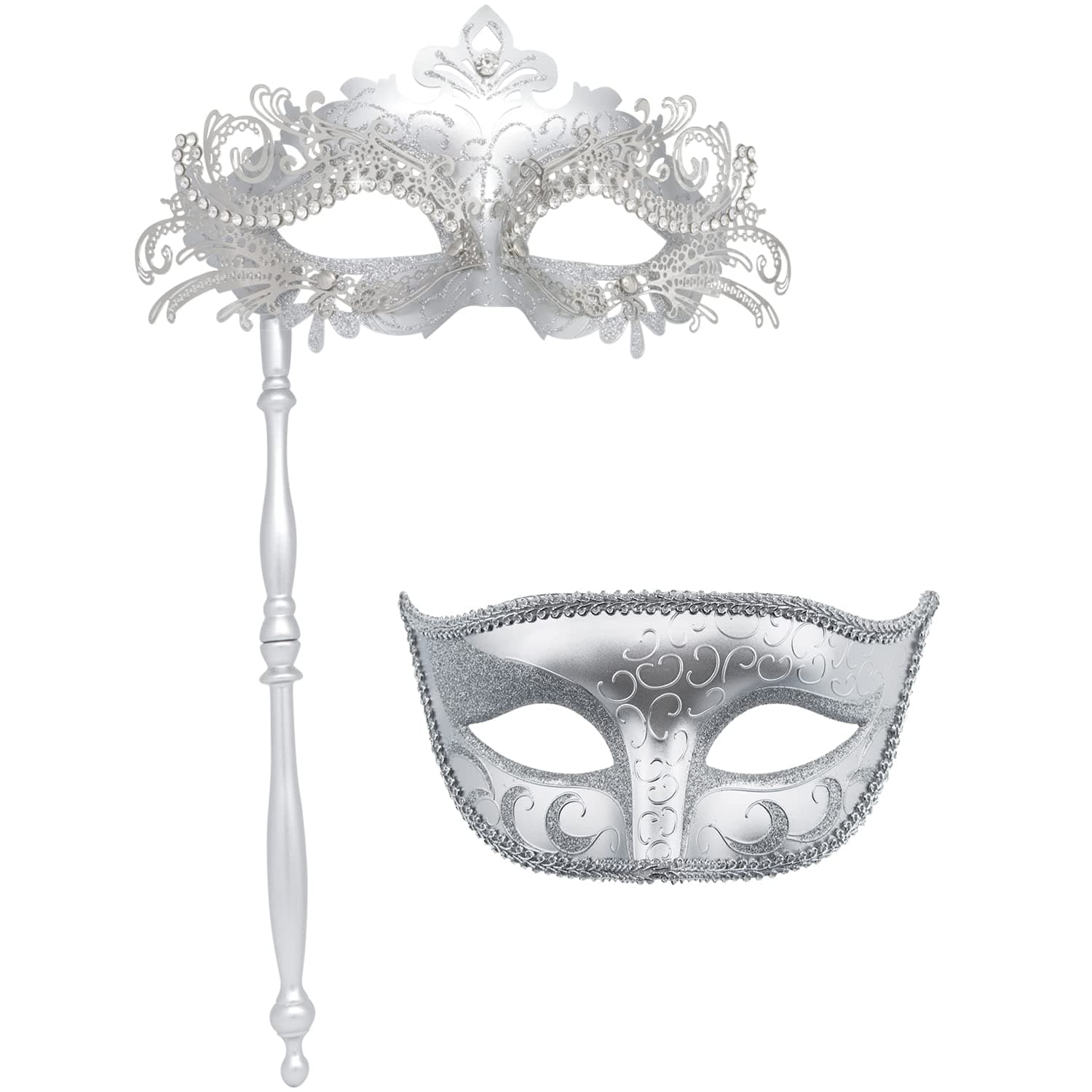 Coddsmz Couple Masquerade Masks Set with Holding Stick Venetian Halloween Costume Masks Mardi Gras Masks Party Costume Mask