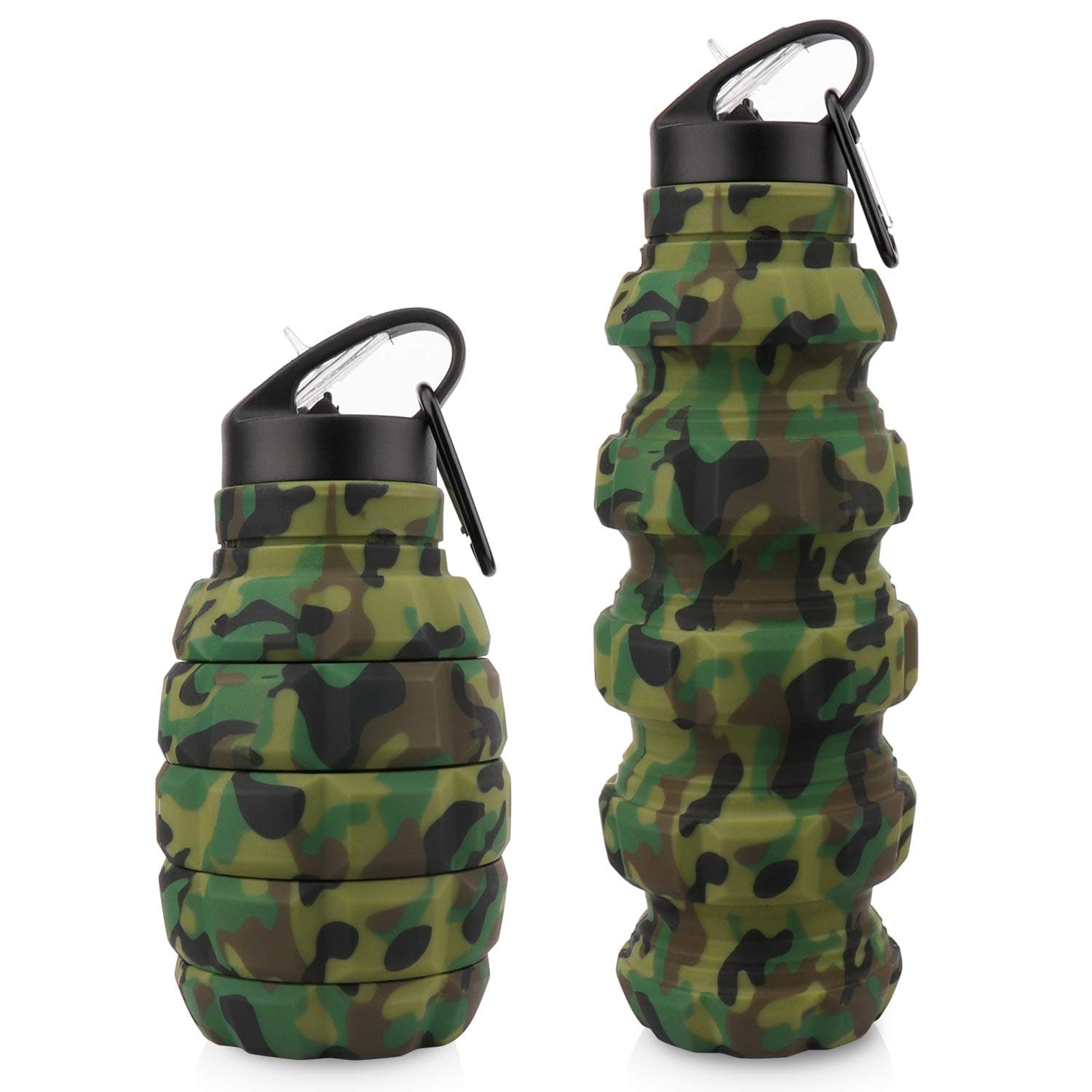 Collapsible Travel Water Bottle19.6 oz, Reuseable Silicone Foldable Water Bottles for Gym Camping Hiking, Portable Leak Proof Sports Water Bottle with Carabiner (Army green camouflage)