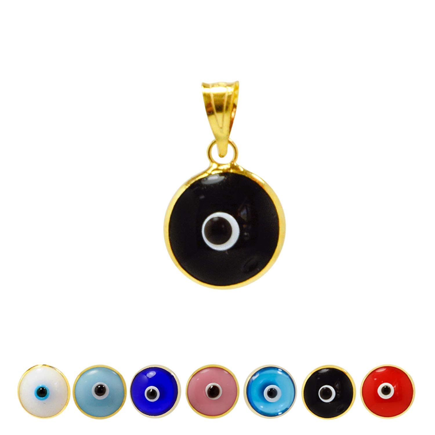 Gold Plated 925 Sterling Silver 10 MM Round Glass Evil Eye Charm Pendant - 7 Colors to Choose from