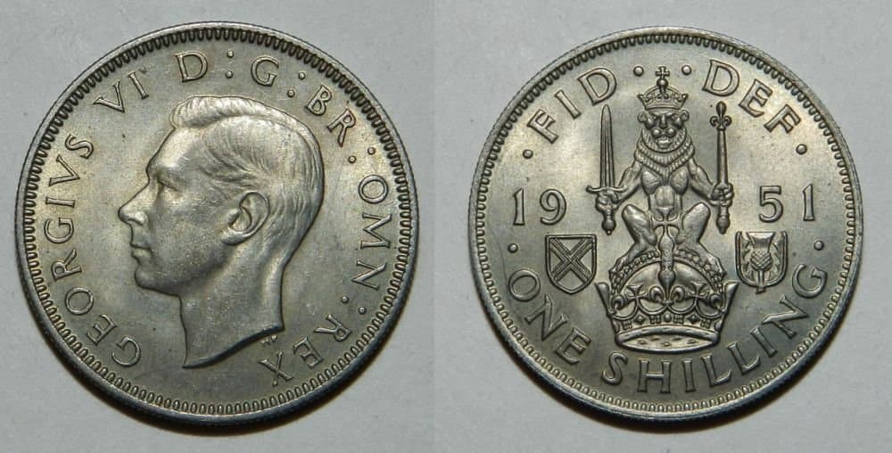 Rare Collectible Coin 1951 Great Britain Shilling, Excellent Condition: Very Fine Details Visible